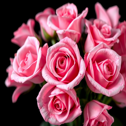Capture a stunning bouquet of pink roses with soft focus, macro lens at f/2.8, ISO 100, 50mm lens, natural light, high-resolution photograph on a black background.