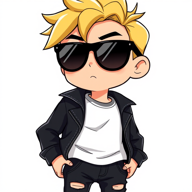 Create an illustration of a cartoon character with blonde hair wearing sunglasses, a black leather jacket, a white t-shirt, ripped black jeans, and black sneakers, focusing on a clear, high-resolution view with a 50mm lens, f/11 aperture, 1/125 sec shutter speed, and natural lighting.