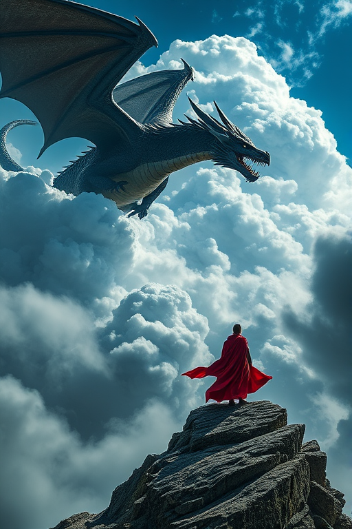 Create a high-quality fantasy landscape featuring a colossal dragon emerging from swirling clouds, with a figure in a flowing red cloak standing on a rocky outcrop, captured with a Nikon D850, 35mm lens, f/2.8 aperture, ISO 100, in HDR mode for enhanced detail and color vibrancy.