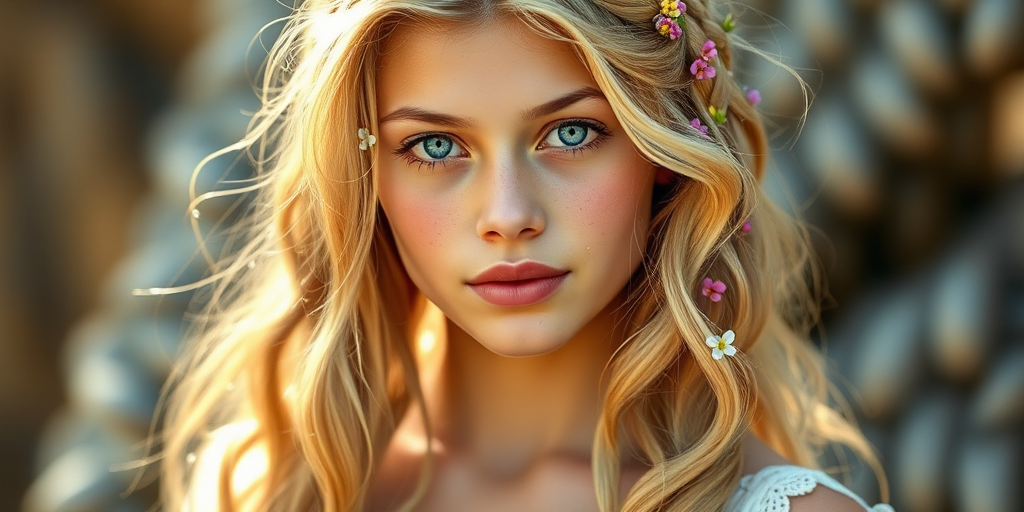 Create an image of a young Guarani woman with long, wavy blonde hair, adorned with small, colorful flowers woven into her braids and loose strands. Her complexion is fair, with soft, glowing skin, and she has light blue eyes that gaze softly at the viewer. She wears a light, flowing dress with a gentle, ethereal quality, complementing her delicate and serene appearance. The background is slightly blurred, drawing focus to her tranquil expression and the intricate details of the flowers in her hair. The overall mood of the image is one of natural beauty and grace, evoking a sense of peacefulness and connection with nature.