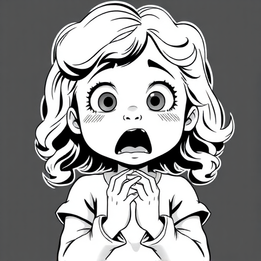 The image is a black and white illustration of a young girl with curly hair. She has a surprised expression on her face with her mouth open and her hands clasped together in front of her chest. Her eyes are wide and her eyebrows are furrowed. Her hair is styled in loose curls that are cascading down her back. The overall mood of the image is one of shock or surprise.