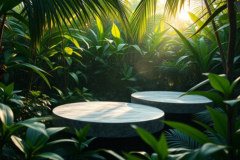 Create a serene jungle scene with three marble platforms surrounded by lush green foliage and soft, diffused sunlight filtering through the leaves, using a DSLR camera with a 50mm lens, aperture set to f/1.8, shutter speed 1/200s, ISO 100, in a macro view for enhanced detail and depth of field.