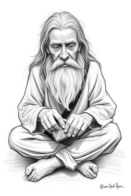 Create a detailed sketch of a small, wise old man with long hair and a beard, sitting cross-legged while carving a piece of wood, using a high-resolution graphic tablet, soft shading techniques, top-down view, 300 DPI, and a monochrome pencil sketch style.