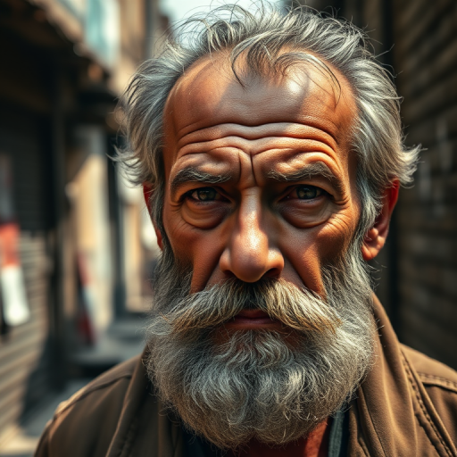 Portrait of a weathered elderly man with a rugged beard and intense eyes, captured in soft natural light, using a DSLR camera with a 50mm lens, aperture set to f/1.8 for shallow depth of field, and a slightly elevated angle to emphasize texture and emotion, in a gritty urban environment with a moody atmosphere.