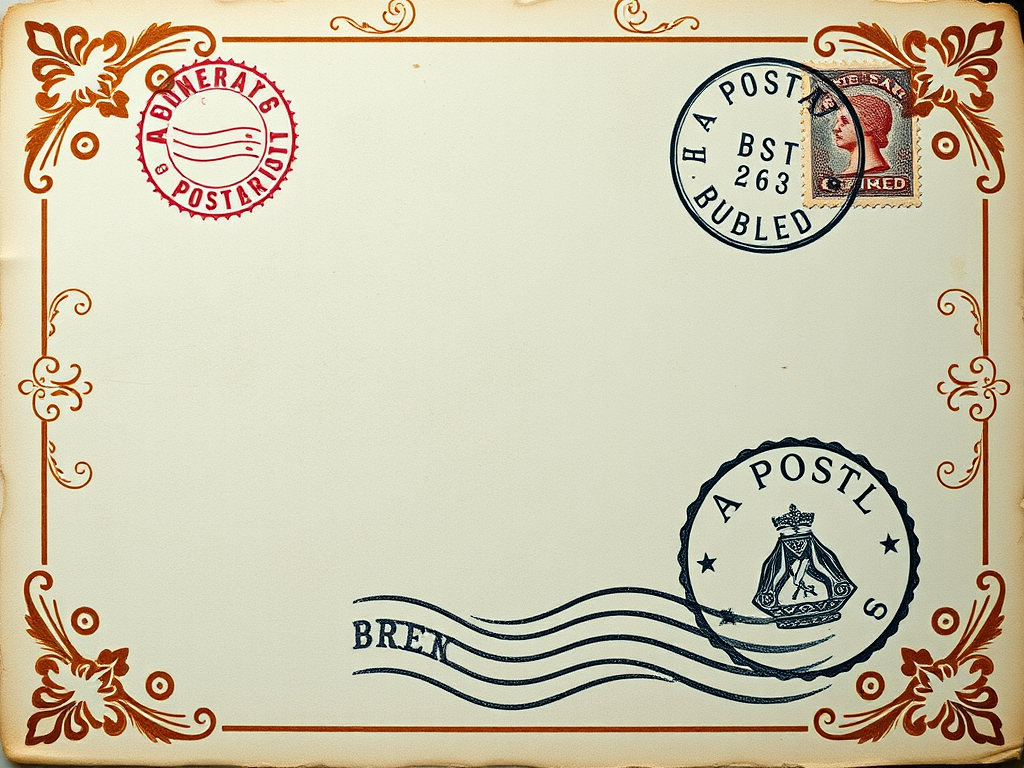 Create a high-resolution vintage postcard background featuring faded postal stamps and elegant ornate borders in shades of teal and aqua, captured with a Canon EOS 5D Mark IV, 50mm f/1.8 lens, aperture set to f/8, ISO 100, and natural light for a soft, even illumination.
