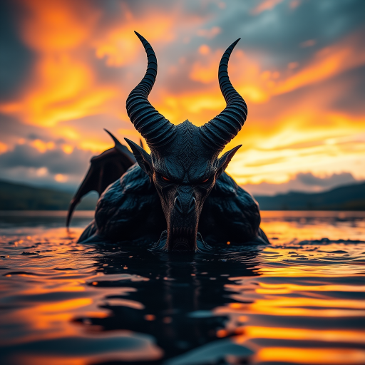 Create a dramatic fantasy scene featuring a horned demon emerging from a serene lake at sunset with vibrant colors in the sky, using a 50mm lens, aperture f/1.8, ISO 100, high dynamic range, capturing rich details and contrast in a cinematic style with a DSLR camera.