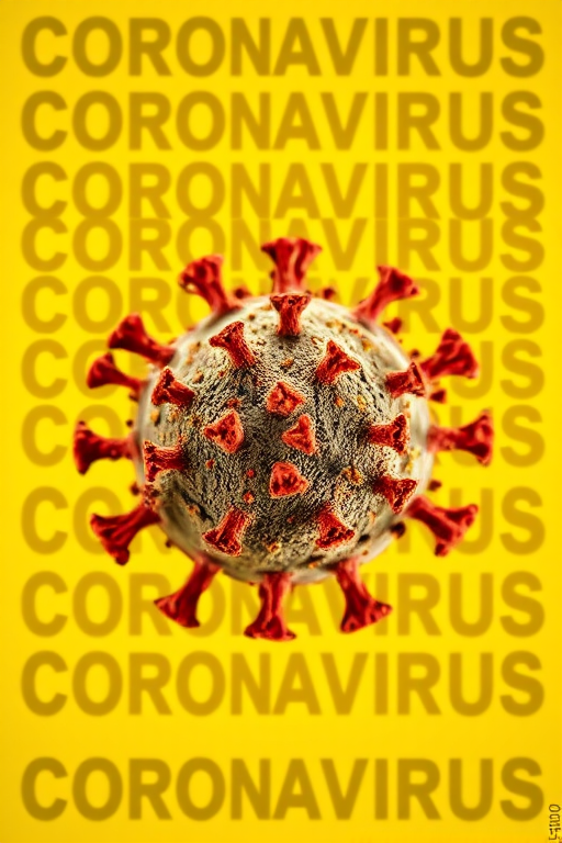 Create an artistic representation of a virus particle against a bright yellow background, with the word "CORONAVIRUS" repeatedly in bold typography; use a macro lens for close-up detail, aperture set to f/2.8, ISO 100, and a shallow depth of field for a soft background blur, shot with a DSLR camera.