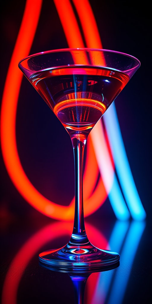 Create a neon-style image of a martini glass with a glowing effect against a dark background, captured with a DSLR camera at f/2.8, ISO 100, and a 50mm lens, using a low-angle view and soft-focus technique to enhance vibrancy and depth.