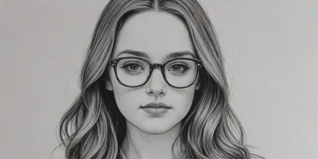 Gorgeous Madison Davenport, pencil sketch, portrait of Attractive woman 1971s in glasses, hair style beatnik, outline, clear lines, fine lines, 8k