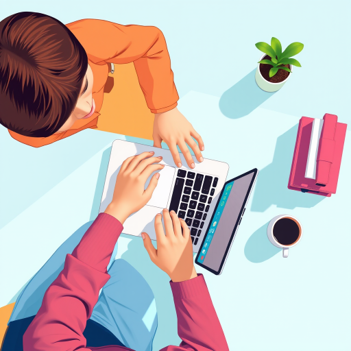 Generate a digital illustration of a person working on a laptop with a mug nearby, using a top-down view, bright colors, 4K resolution, f-stop 2.8, ISO 100, 24mm lens, natural light to enhance clarity and vibrancy.