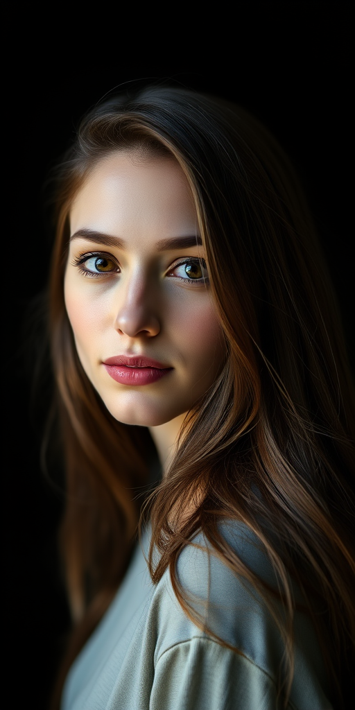 Generate a high-quality portrait of a young woman with long, flowing hair, softly lit against a dark background, using a Canon EOS R5 camera, 85mm lens, aperture set to f/1.8, 1/200 sec shutter speed, ISO 100, shot from a slightly elevated angle to capture natural highlights on her face.