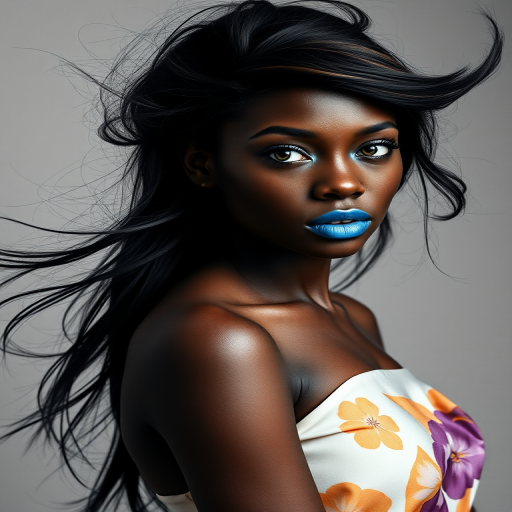 Photographic image of a beautiful young Mulatto woman, green eyes, lips with blue lipstick, long hair fluttering in the wind and wearing a silk strapless dress with a soft purple and orange print. monochrome image with only color highlights in the iris of the eyes, lipstick and dress. Gray background.