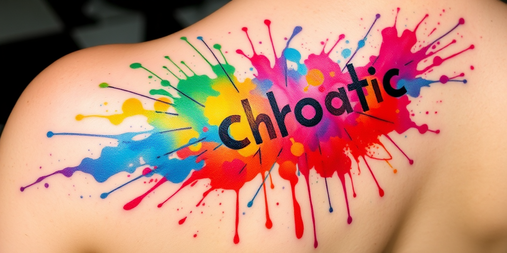 Watercolor splash tattoo titled "Chromatic Explosion" featuring vibrant paint splatters and drips in a rainbow of colors, creating an abstract and energetic design
