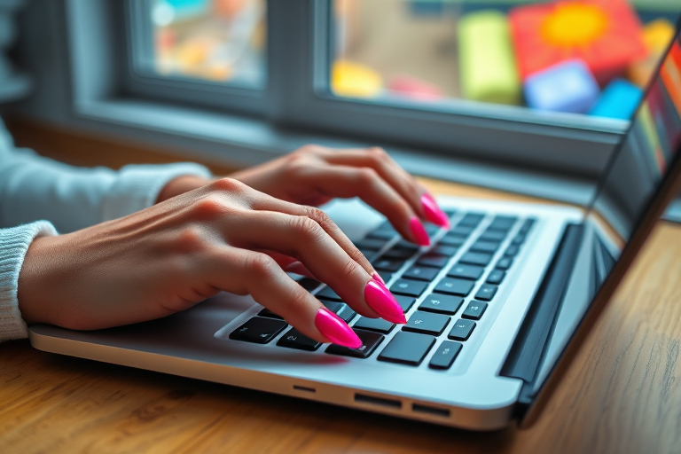 a close-up of a person typing on a laptop with long, vibrant pink nails, resting their hands on a wooden surface near a window with a bright and colorful background