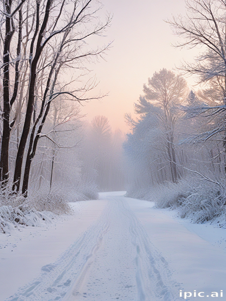 Tranquil Winter Scene of a Snow-Covered Pathway Through Serene Forest