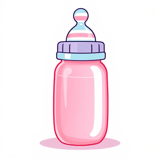 Create a high-resolution illustration of a cartoon baby bottle with a pink body and striped cap, using a digital drawing tablet, view from a slightly elevated angle, with a focus on vibrant colors and smooth lines, at 300 DPI, employing a soft brush texture for added depth and detail.