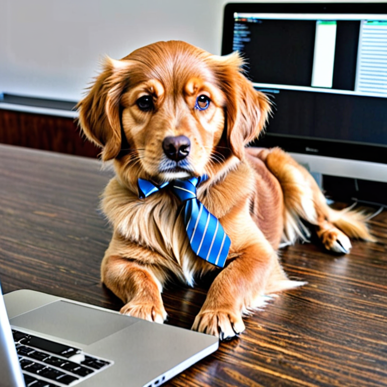 Hovawart dog with tie, MacBook Pro, computers, datacenter