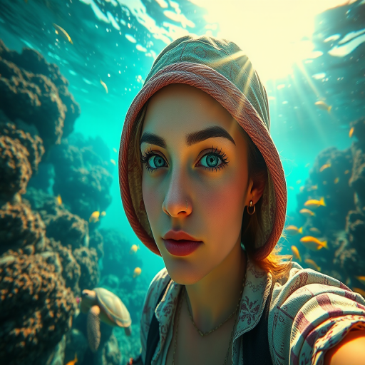 Realistic selfie image of a Mizrahi, wearing a vintage outfit, detailed dreamy eyes, droopy hooded eyes, staring at the camera, taken underwater at coral reef with a sunbeam filtering through the water, vibrant, summer vacation, natural lighting, turtle and school of tropical fish with vibrant colors, rendered in the style of CryEngine, Pegi Nicol MacLeod, with realistic genre scenes, hauntingly beautiful narratives, ultra-realism, and Thomas Saliot's close-up technique, 8K resolution, crystal clear and sparkling water.