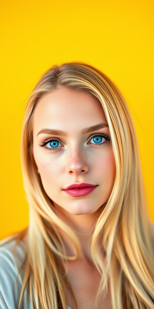 Create a high-resolution digital portrait of a woman with long blonde hair and blue eyes against a vibrant yellow backdrop, using a 50mm lens, f/1.8 aperture, ISO 100, natural lighting, shot with a DSLR camera in portrait mode.
