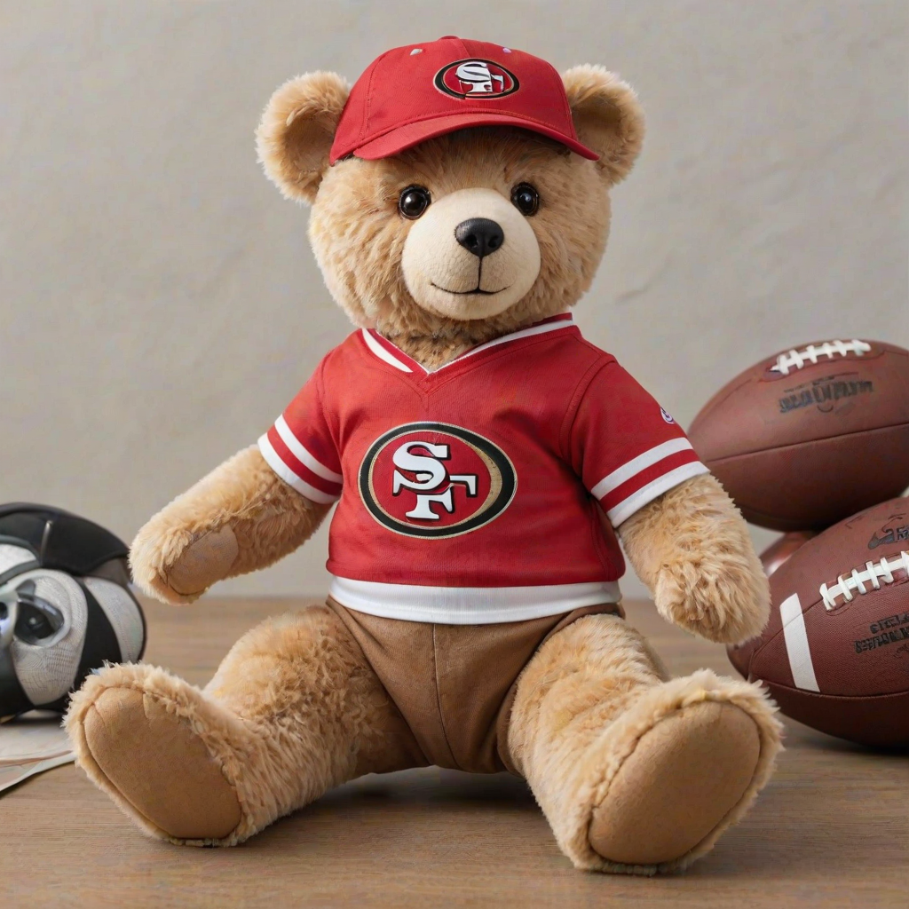 A cute and fluffy teddy bear dressed in a San Francisco 49ers-themed outfit, wearing a red cap with the 49ers logo, aviator sunglasses, and a white football jersey with red accents. The bear is also wearing casual jeans and red and white sneakers, while sitting in a relaxed pose with a football beside it. The teddy bear has a cool, laid-back attitude, with a sporty vibe. The background is clean and minimal, highlighting the bear as the main focus.