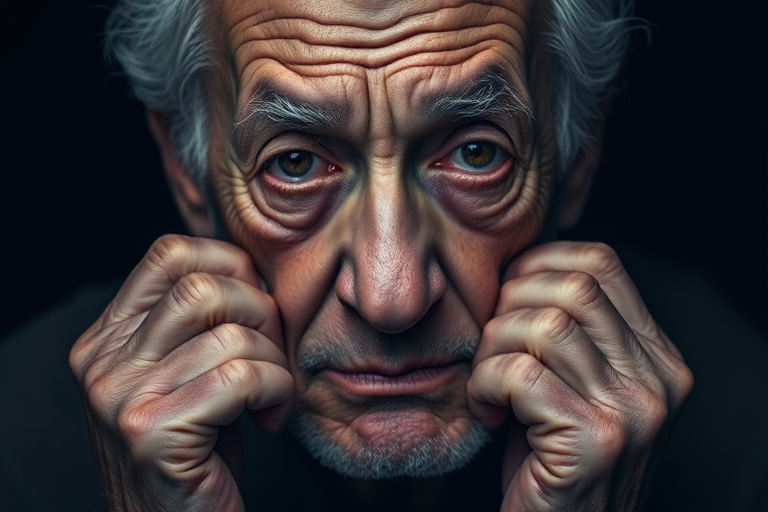 Create a close-up portrait of an elderly man with a somber expression, capturing intricate details of his wrinkled face and hands, with dramatic lighting, using a DSLR camera with a 85mm lens, aperture set to f/1.8, ISO 100, and a shutter speed of 1/200 seconds, ensuring a shallow depth of field with a dark background for enhanced contrast.