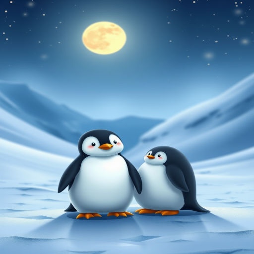create a digital illustration of a cartoon penguin and a baby penguin standing together in a snowy landscape under a full moon, soft lighting, high resolution, camera type: digital DSLR, lens: 50mm, aperture: f/2.8, ISO: 100, shutter speed: 1/125s, focus on vibrant colors and smooth textures