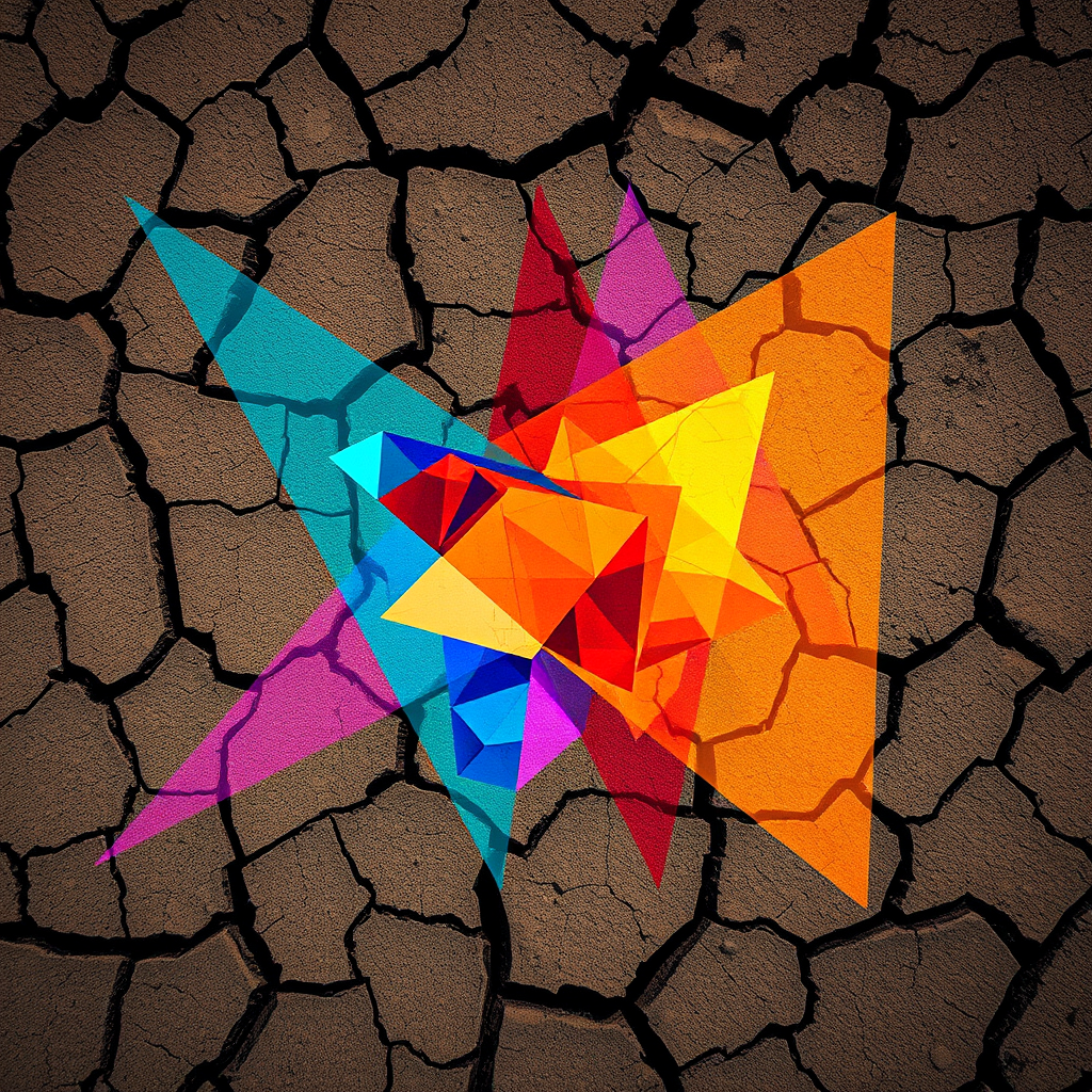 Generate an abstract image with vibrant colors and geometric shapes on a textured cracked earth background, using a DSLR camera with a 50mm lens, aperture set at f/2.8, ISO 100, and a slight vignette effect.