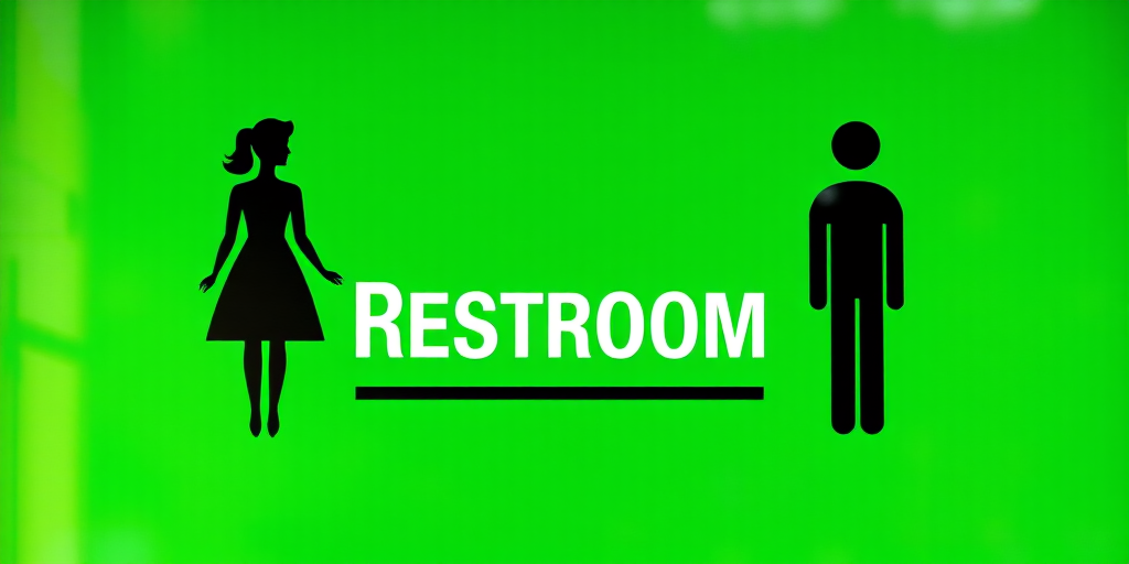 Create a high-resolution image of a restroom sign featuring a female silhouette in a dress on the left and a male silhouette on the right, set against a vibrant green background, using a DSLR camera with a 50mm lens, f/1.8 aperture, ISO 100, and soft natural lighting to enhance clarity and contrast.