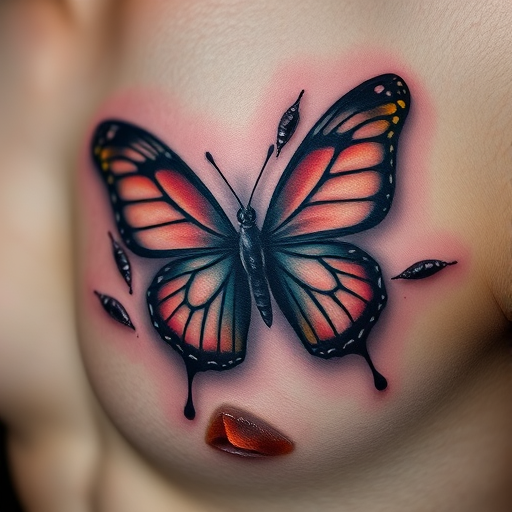 Hyper-realistic 3D tattoo of a butterfly emerging from the skin, utilizing advanced shading techniques and trompe l'oeil effects to create an astonishing illusion of depth and movement