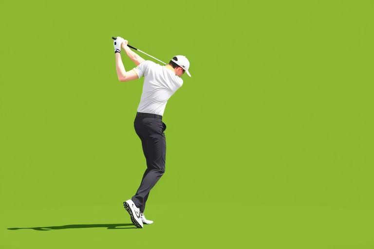 Create a minimalist graphic of a golfer in mid-swing with a green background, using a vector art style; camera type: DSLR, camera settings: f/4, ISO 100, shutter speed 1/200s; camera view: wide-angle.