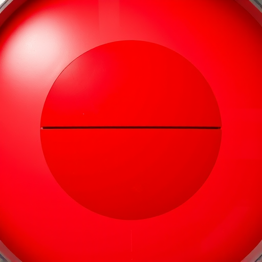 Create a high-resolution image of a bold red circle with a horizontal line through it, using a DSLR camera, aperture set to f/8, shutter speed at 1/125s, ISO 100, taken from a slight low angle with a fisheye lens to enhance the roundness and contrast in the colors.