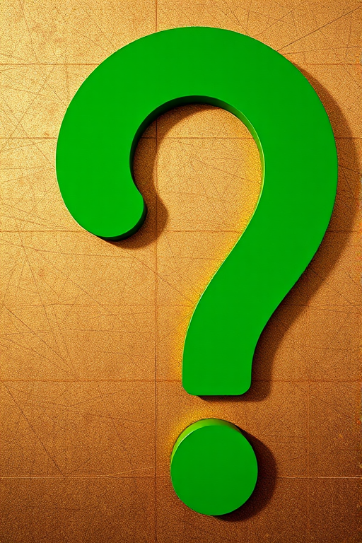 Create an artistic image of a large green question mark on a textured brown and gold background, using a Canon EOS R5 camera with a 50mm f/1.2 lens, aperture set to f/1.8, ISO 100, shutter speed 1/200 sec, taken from a 45-degree angle with natural lighting.