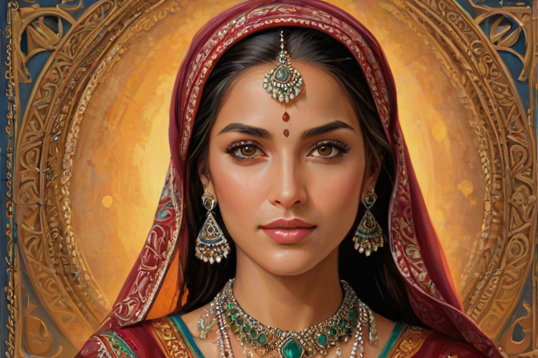 Create a portrait of a beautiful woman with striking hazel eyes and a gentle expression. She is adorned in traditional attire with intricate patterns, including a richly embroidered headscarf and matching garments. Her jewelry includes a delicate headpiece, dangling earrings, and ornate bracelets, all featuring vibrant gemstones and detailed metalwork. The background is soft and warm, enhancing the rich colors of her outfit and jewelry.