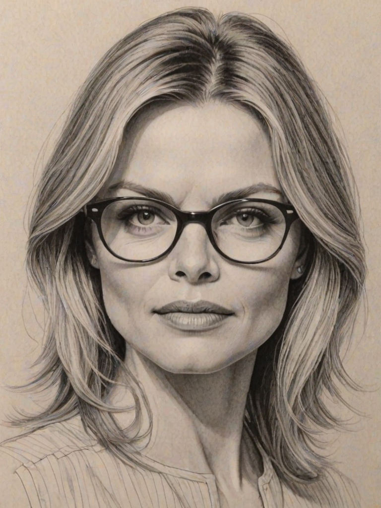 Beauteous Michelle Pfeiffer, pencil sketch, portrait of Fascinating woman 1962s in glasses, hair style beatnik, outline, clear lines, fine lines, 8k