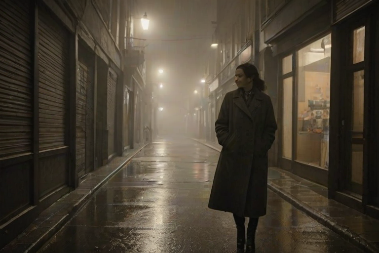 Foggy alleyway in a quiet city, streetlights casting a dim glow on the wet pavement, a woman in a long coat walks slowly, her hands tucked in her pockets as she passes by shuttered shops.