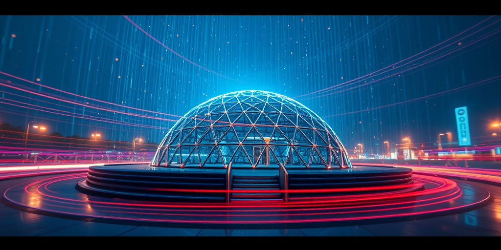 Create a hyper-realistic digital rendering of a futuristic dome-shaped structure surrounded by glowing data points and vibrant light trails, captured with a Canon EOS R5 at f/1.8, ISO 100, 24mm, in a macro view, using long exposure to emphasize motion and light dynamics.