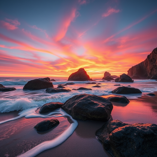 sunset at the beach with crashing waves between rocky formations, capture the vibrant colors of the sky and reflective water, use a DSLR camera with a 24mm lens, aperture f/11, ISO 100, shutter speed 1/60s, shoot in RAW format for better post-processing flexibility