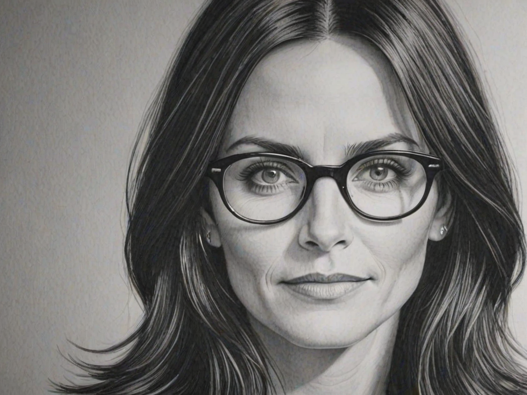 Splendid Courteney Cox, pencil sketch, portrait of Ravishing woman 1968s in glasses, hair style beatnik, outline, clear lines, fine lines, 8k