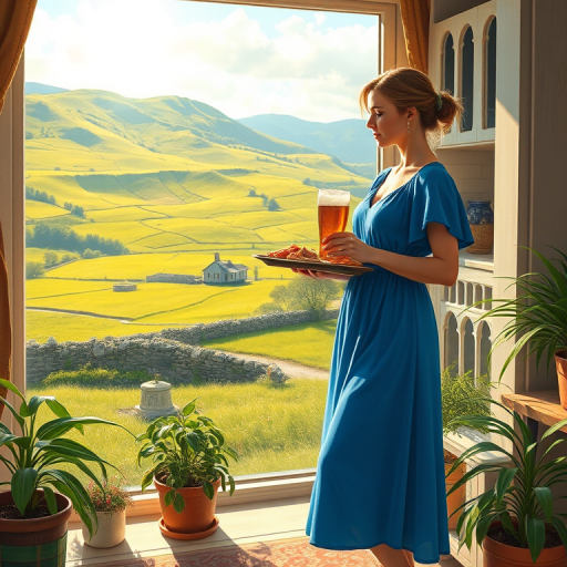 In "A Glass of Beer on the Highland," a serene scene is depicted in a sunlit room where a woman in a vibrant blue dress stands by a large window. She holds a tray with a hearty meal and a frothy glass of beer, embodying a moment of relaxation. Outside, the breathtaking highland landscape features rolling green hills and a charming traditional house, all bathed in warm afternoon light. The interior is adorned with potted plants, creating a harmonious blend of comfort and nature. The painting beautifully captures the tranquility and joy found in simple pleasures amidst stunning scenery