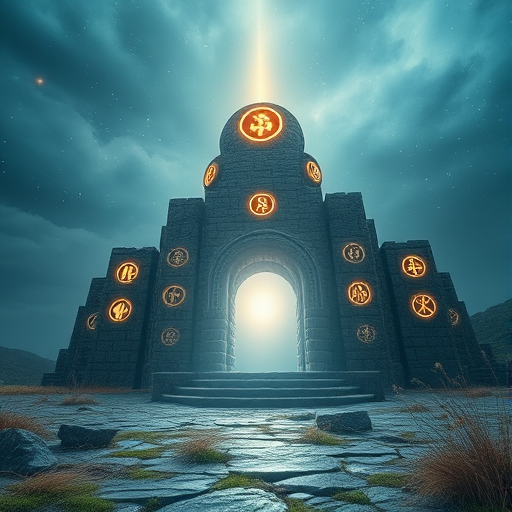 Create a surreal landscape featuring a mystical stone structure with glowing symbols and a radiant light source emerging from the center, captured with a DSLR camera at f/2.8, ISO 100, 50mm lens, wide-angle view, high dynamic range, soft focus for ethereal atmosphere.