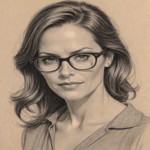 Charming Annabeth Gish, pencil sketch, portrait of Ravishing woman 1958s in glasses, hair style beatnik, outline, clear lines, fine lines, 8k