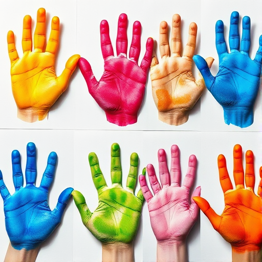 create an image of six variously colored handprints arranged in two rows, using a high-resolution digital camera with a shallow depth of field, 50mm lens, f/2.8 aperture, and natural lighting to enhance color vibrancy and detail