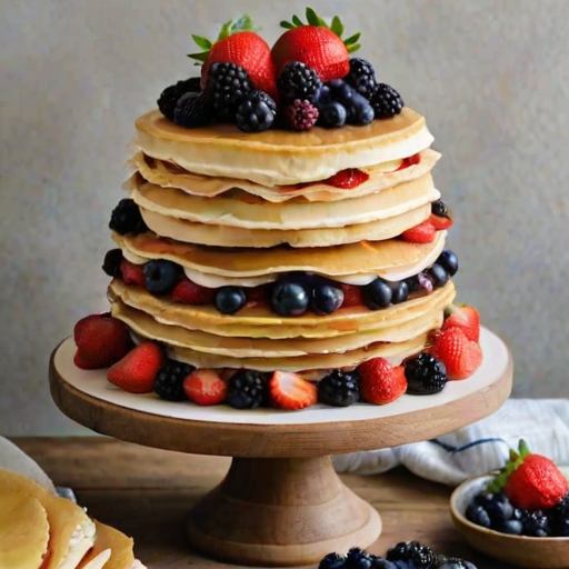 Generate an image of a tall, layered cake with thin crepes stacked high. The cake is decorated with a variety of fresh berries such as strawberries, blueberries, and blackberries, along with a glossy fruit glaze on top. It is placed on a wooden cake stand, set against a light, neutral background with a rustic feel.