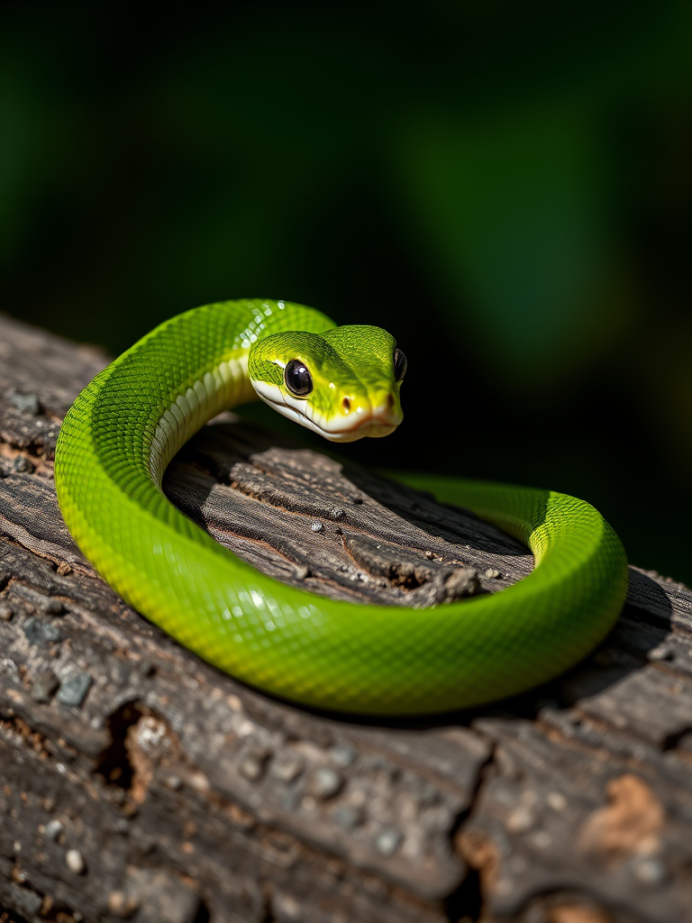 Capture a close-up shot of a green tree snake coiled on a textured log, using a Canon EOS R5 with a 50mm f/1.2 lens at f/2.8, ISO 200, and a shutter speed of 1/100s in natural light to enhance the details and colors of the snake.