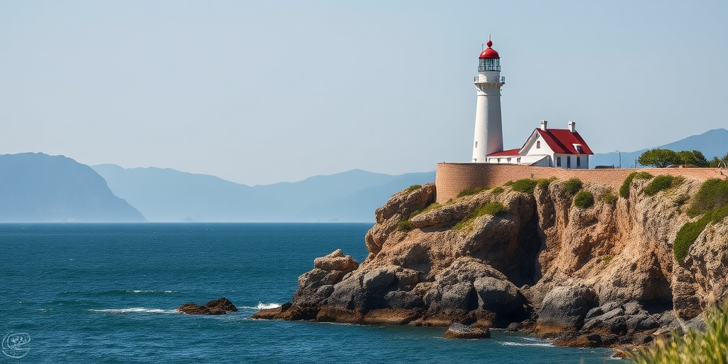 Seaside view of a lighthouse on a rocky cliff with mountains in the background, taken with a DSLR camera, 50mm lens, aperture f/8, shutter speed 1/250s, ISO 100, natural light, clear sky.