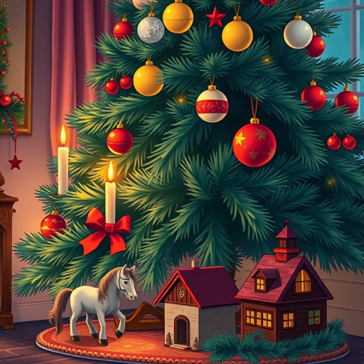 Create a detailed illustration of a decorated Christmas tree with candles and ornaments, featuring a toy horse and a small house at the base, captured with a DSLR camera at f/2.8, ISO 100, 50mm lens, natural light, focusing on vivid colors and sharp details.