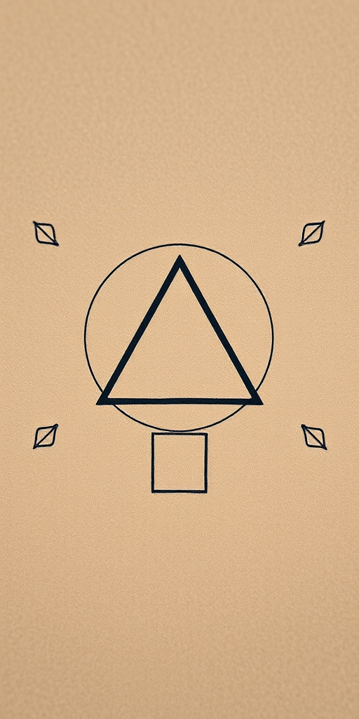 Create a minimalist design featuring a circle, triangle, and square in black on textured brown paper, using a 50mm lens at f/2.8, ISO 100, and a soft focus background to enhance visual clarity.