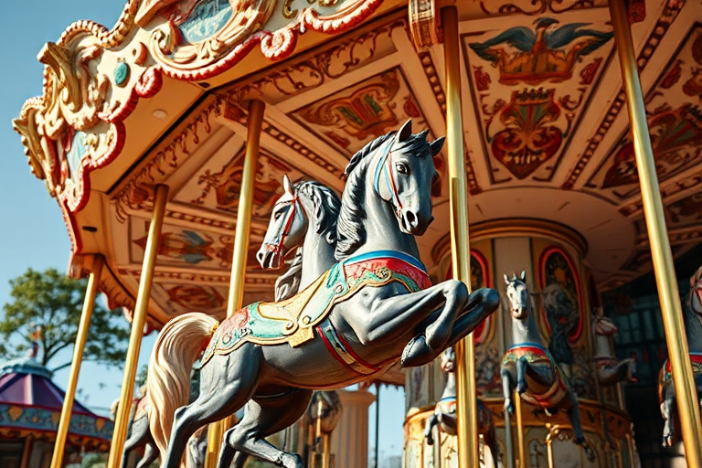 Capture a high-resolution image of a vintage carousel featuring intricately painted horses, use a Canon EOS R5 with a 50mm f/1.2 lens, aperture set to f/2.8 for a shallow depth of field, shot from a low angle to emphasize the carousel's height, in bright natural light to enhance colors and details.