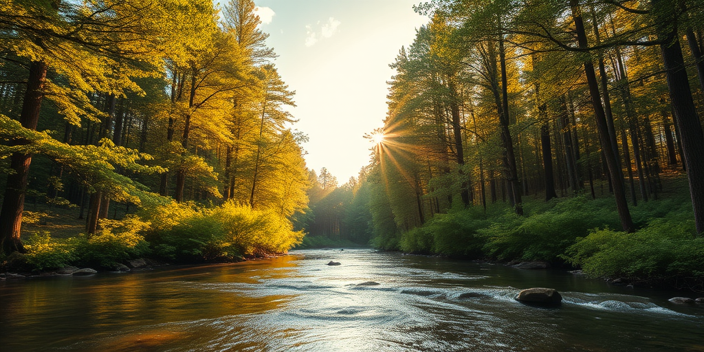 Create an image of a serene, sunlit forest scene with a clear, gently flowing river. Tall trees with lush green foliage line both sides of the river, their leaves bathed in the warm golden light of the setting or rising sun. The sunlight filters through the trees, casting soft, dappled light on the river, which flows over smooth rocks and pebbles, creating a peaceful, natural atmosphere. The sky is bright with a few scattered clouds, and the overall mood is tranquil, evoking a deep sense of connection with nature. The image captures the beauty of a calm, pristine forest landscape at either dawn or dusk.