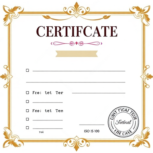 Create a high-resolution image of a certificate with a decorative border, featuring five blank lines for text, and a seal at the bottom right; use a DSLR camera type, 50mm lens, f/2.8 aperture, ISO 100, and natural soft lighting for enhanced quality.